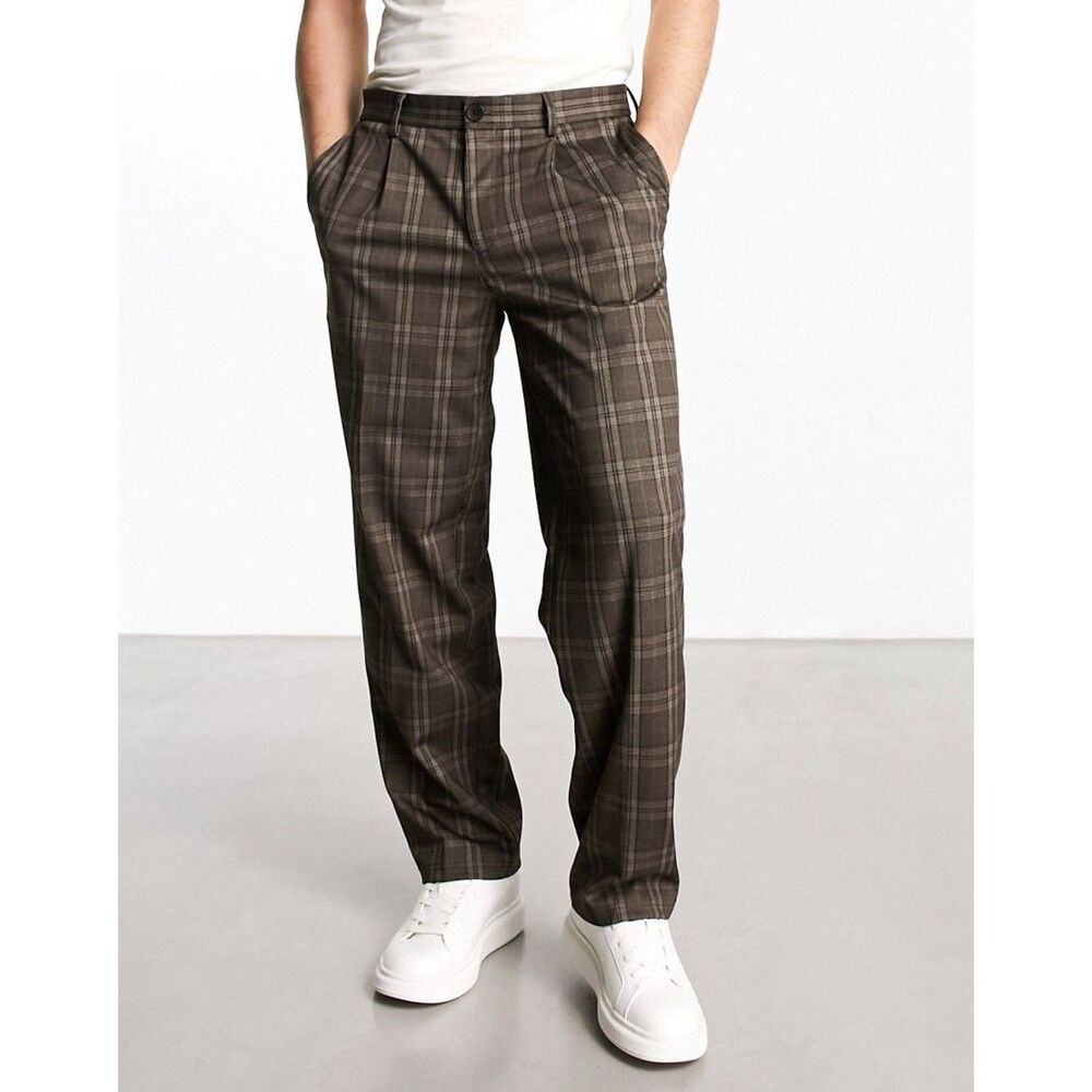 Jack & Jones Pants Studio Men's 34 Brown Check plaid pants Slim Leg Fall Winter